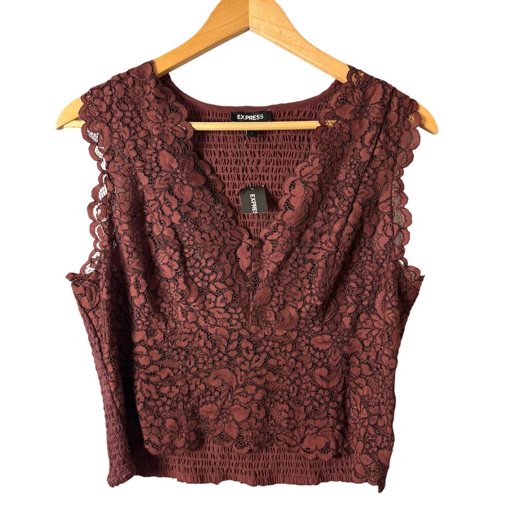 NWT Express floral lace V-neck Top Women’s Large Sleeveless top Chocolate Brown